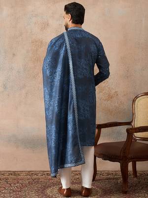Men's blue silk blend printed ethnic motifs kurta with dupatta     trendy festive & wedding wear 4