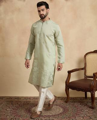 Men's green silk blend embroidered solid kurta – stylish festive ethnic wear 3