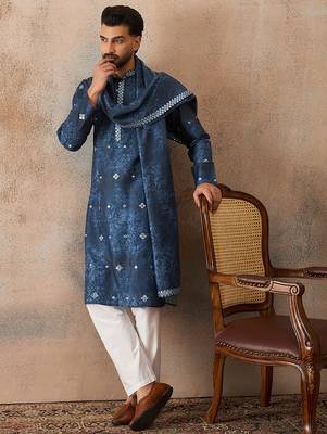 Men's blue silk blend printed ethnic motifs kurta with dupatta     trendy festive & wedding wear 5