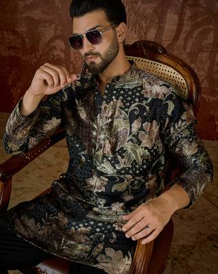 Men's black velvet printed floral kurta – stylish festive ethnic wear 2