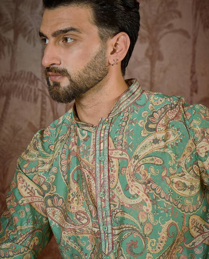Men's green silk blend printed ethnic motifs kurta – stylish festive ethnic wear