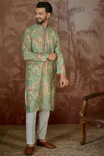Men's green silk blend printed ethnic motifs kurta stylish festive ethnic wear