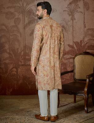 Men's beige silk blend printed floral kurta – stylish festive ethnic wear 4