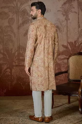 Men's beige silk blend printed floral kurta stylish festive ethnic wear