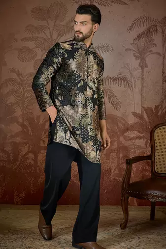 Men's black velvet printed floral kurta stylish festive ethnic wear