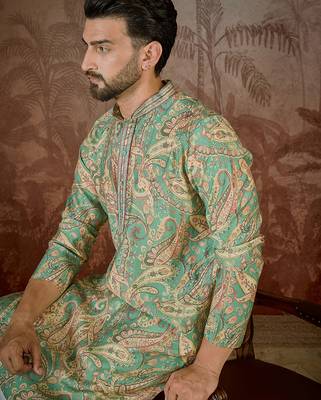 Men's green silk blend printed ethnic motifs kurta – stylish festive ethnic wear 3