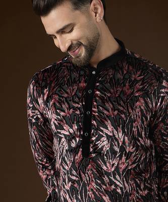 Men's black velvet printed ethnic motifs kurta – stylish festive ethnic wear 1
