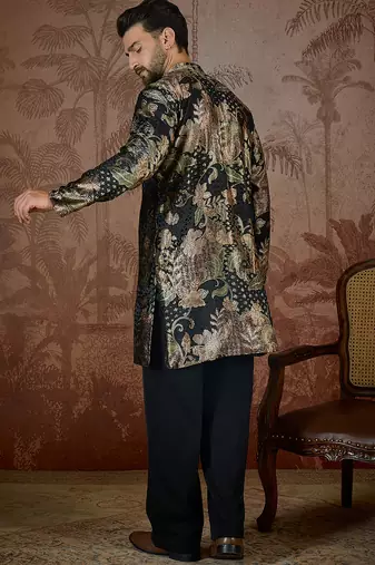 Men's black velvet printed floral kurta stylish festive ethnic wear
