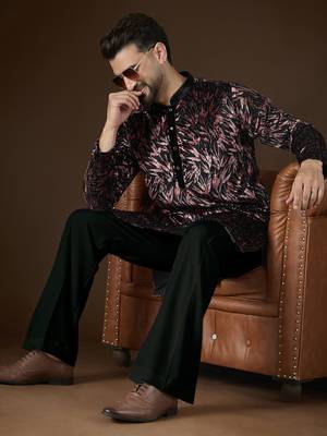 Men's black velvet printed ethnic motifs kurta stylish  ethnic wear 3