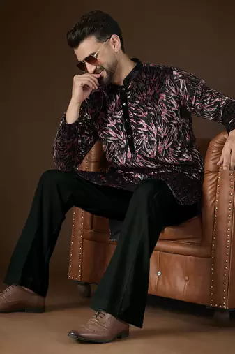 Men's black velvet printed ethnic motifs kurta stylish festive ethnic wear