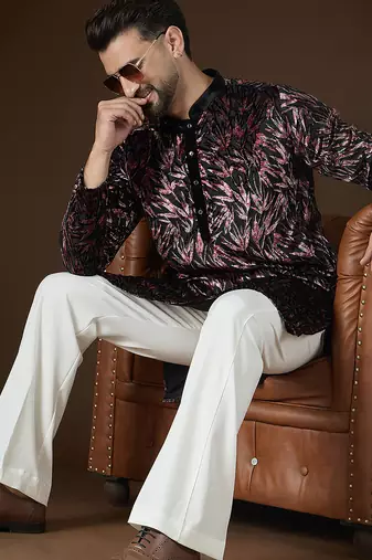 Men's black velvet printed ethnic motifs kurta stylish festive ethnic wear