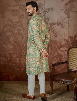 Men's green silk blend printed ethnic motifs kurta – stylish festive ethnic wear 4