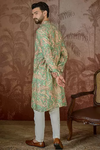 Men's green silk blend printed ethnic motifs kurta stylish festive ethnic wear