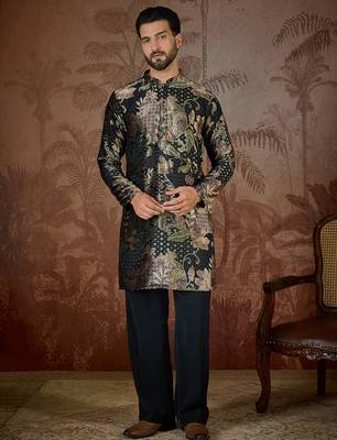 Men's black velvet printed floral kurta – stylish festive ethnic wear 5