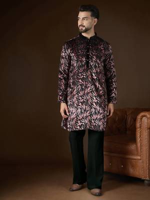 Men's black velvet printed ethnic motifs kurta stylish  ethnic wear 1