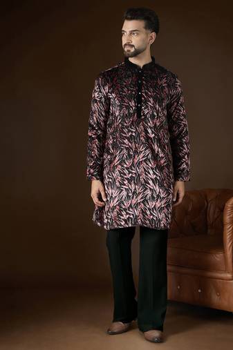 Men's black velvet printed ethnic motifs kurta stylish festive ethnic wear