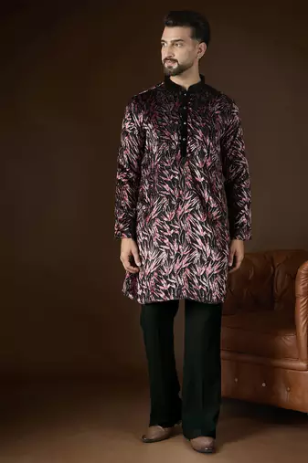 Men's black velvet printed ethnic motifs kurta stylish festive ethnic wear