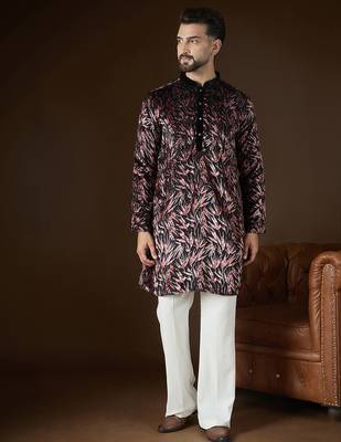 Men's black velvet printed ethnic motifs kurta – stylish festive ethnic wear 3