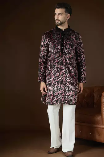 Men's black velvet printed ethnic motifs kurta stylish festive ethnic wear