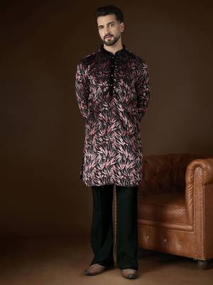 Men's black velvet printed ethnic motifs kurta stylish  ethnic wear 5