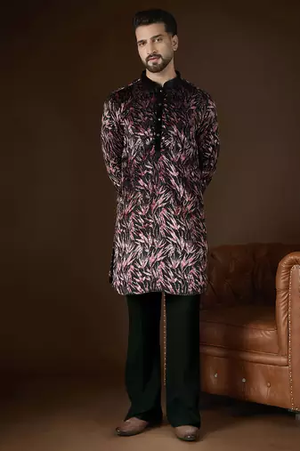 Men's black velvet printed ethnic motifs kurta stylish festive ethnic wear