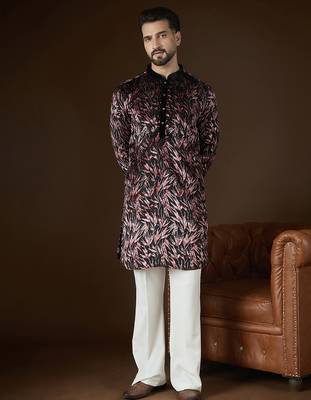 Men's black velvet printed ethnic motifs kurta – stylish festive ethnic wear 5