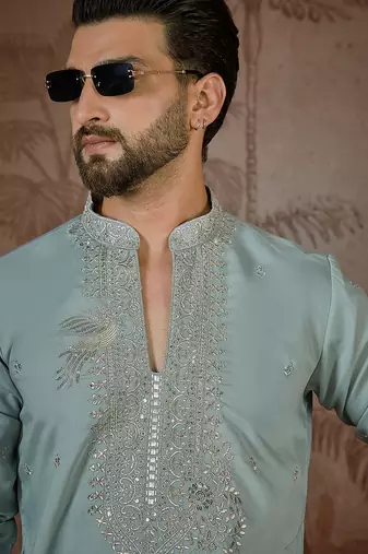 Men's turquoise blue silk blend embroidered solid kurta stylish festive ethnic wear