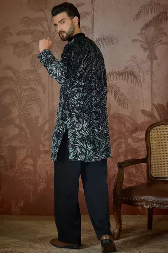 Men's black velvet printed ethnic motifs kurta stylish festive ethnic wear