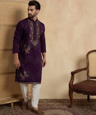 Men's violet silk blend embroidered solid kurta – stylish festive ethnic wear 3