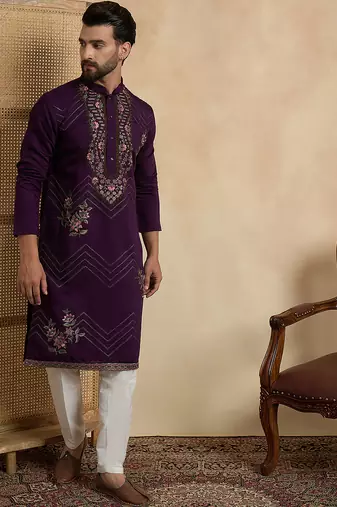 Men's violet silk blend embroidered solid kurta stylish festive ethnic wear