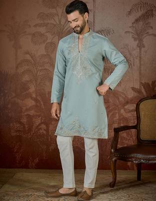 Men's turquoise blue silk blend embroidered solid kurta – stylish festive ethnic wear 2