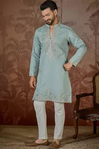 Men's turquoise blue silk blend embroidered solid kurta stylish festive ethnic wear