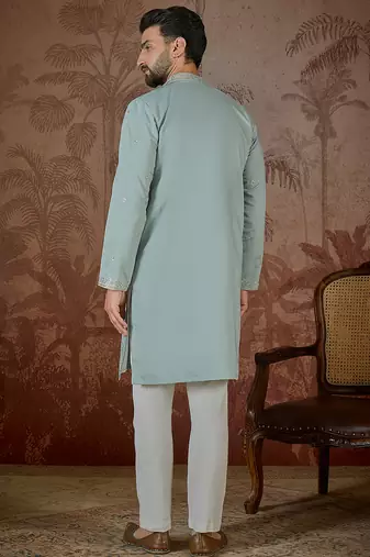 Men's turquoise blue silk blend embroidered solid kurta stylish festive ethnic wear