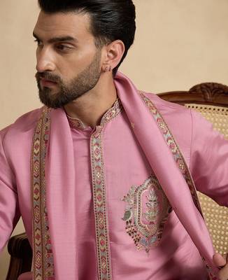 Men's pink viscose rayon embroidered solid kurta with dupatta – trendy festive & wedding wear 1