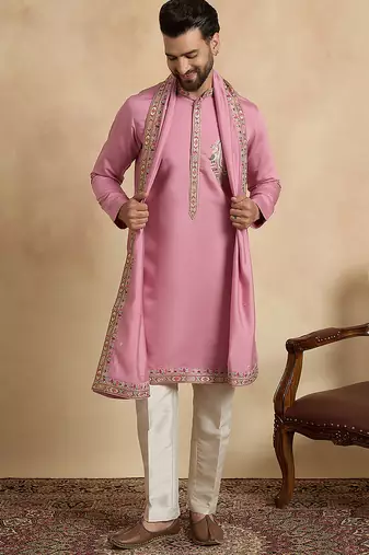 Men's pink viscose rayon embroidered solid kurta with dupatta     trendy festive & wedding wear