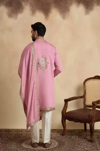 Men's pink viscose rayon embroidered solid kurta with dupatta     trendy festive & wedding wear