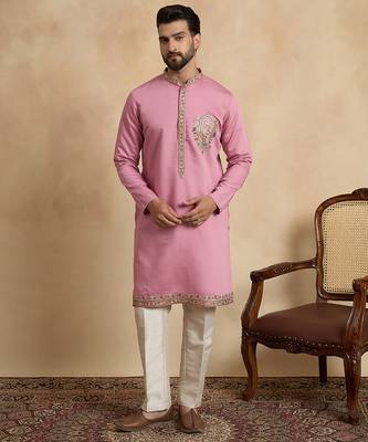Men's pink viscose rayon embroidered solid kurta with dupatta – trendy festive & wedding wear 5