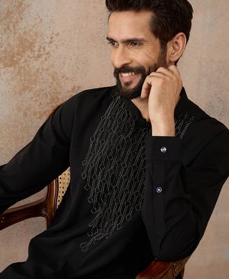 Men's black viscose rayon printed design ethnic motifs kurta with trousers – trendy festive & wedding wear 1