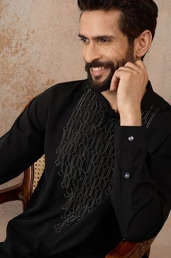 Men's black viscose rayon printed design ethnic motifs kurta with trousers – trendy festive & wedding wear