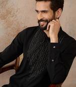 Men's black viscose rayon printed design ethnic motifs kurta with trousers – trendy festive & wedding wear