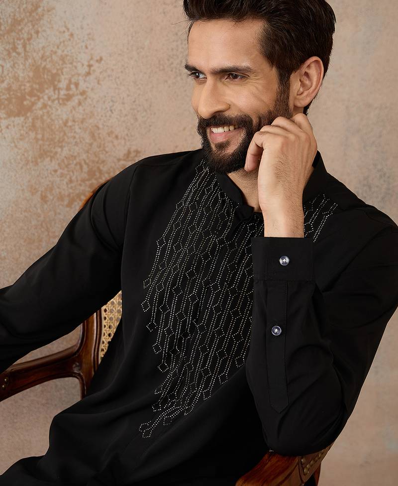 Men's black viscose rayon printed design ethnic motifs kurta with trousers – trendy festive & wedding wear