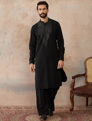 Men's black viscose rayon printed design ethnic motifs kurta with trousers – trendy festive & wedding wear 2