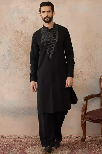 Men's black viscose rayon printed design ethnic motifs kurta with trousers trendy festive & wedding wear