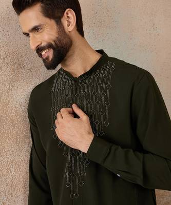 Men's green viscose rayon printed design ethnic motifs kurta with trousers – trendy festive & wedding wear 1