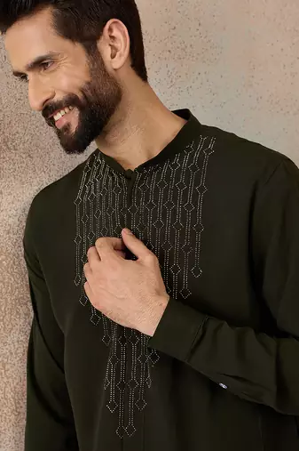 Men's green viscose rayon printed design ethnic motifs kurta with trousers trendy festive & wedding wear