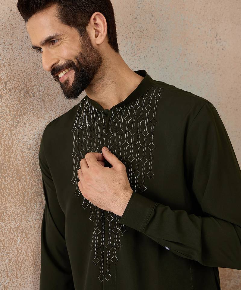 Men's green viscose rayon printed design ethnic motifs kurta with trousers – trendy festive & wedding wear