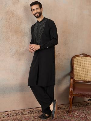 Men's black viscose rayon printed design ethnic motifs kurta with trousers – trendy festive & wedding wear 3