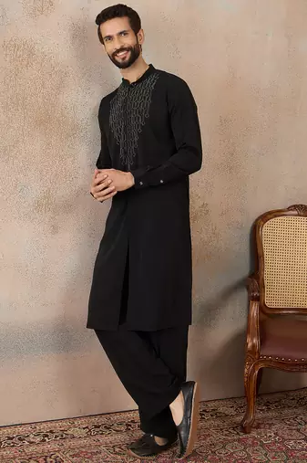 Men's black viscose rayon printed design ethnic motifs kurta with trousers trendy festive & wedding wear