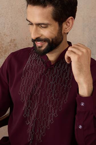 Men's maroon viscose rayon printed design ethnic motifs kurta with trousers – trendy festive & wedding wear