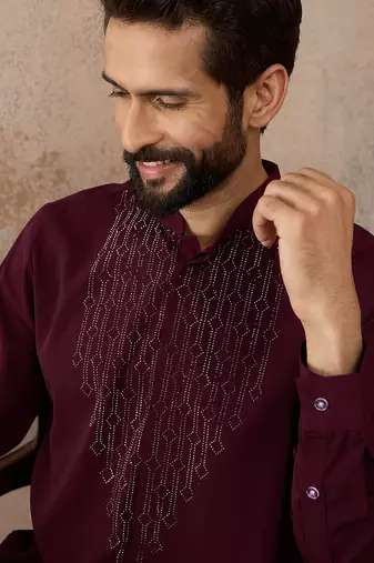 Men's maroon viscose rayon printed design ethnic motifs kurta with trousers trendy festive & wedding wear